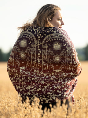 Woman wearing Doors of Durin Ornament Shawl in a field